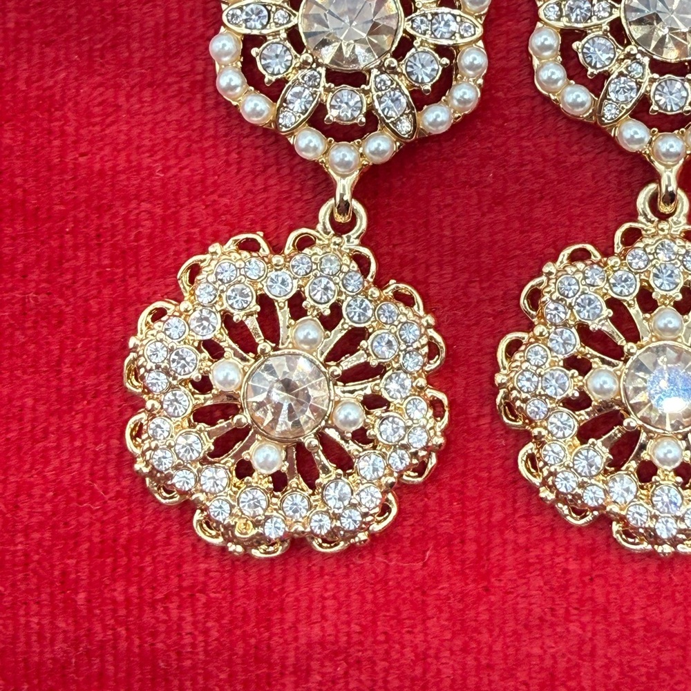 Marchesa Gold-Tone Crystal & Imitation Pearl Flower Double Drop Earrings - Picture 11 of 13